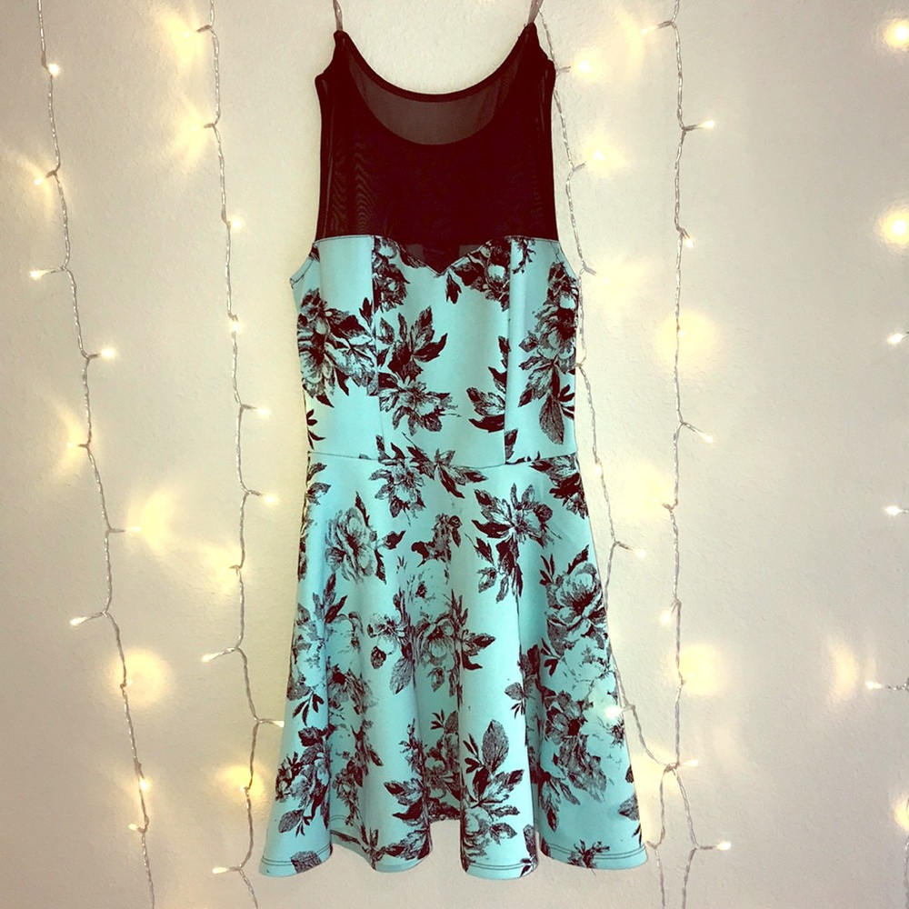 Aqua and black flower dress